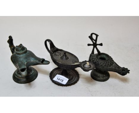 19th Century cast iron antique style lamp and two cast bronze antique style oil lamps 