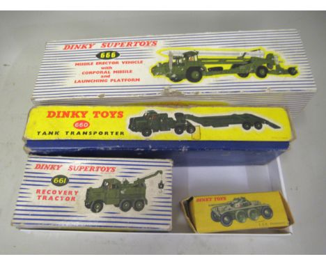 Group of four boxed Dinky toys and Dinky Super toys, military vehicles, including Missile Erector vehicle, No.666, Recovery t