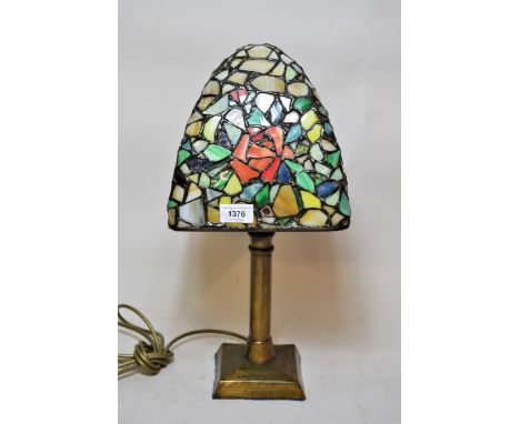 Mid 20th Century American leaded glass mushroom form table lamp with brass base, stencil signature mark to one of the glass p