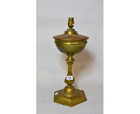 Early 20th Century Benson type oil lamp base adapted for use as a table lamp, 44cms high 