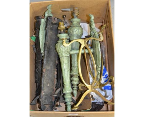 Pair of green patinated metal wall lights, pair of cast iron acanthus wall appliques and a quantity of brass and metal tripod