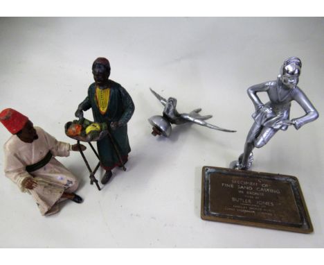 Silvered metal car mascot in the form of a girl wearing an Art Deco costume, 15cms high, another in the form of a bird, toget