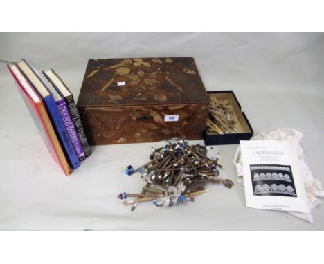 19th Century workbox containing a collection of various 19th Century and later turned wooden and glass bead mounted lace make