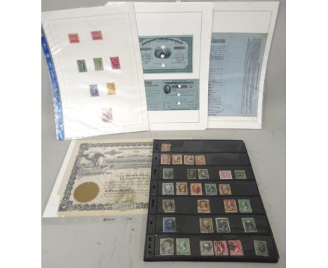 Folder containing stock book sheets of USA stamps, a share certificate and a quantity of revenue stamps 