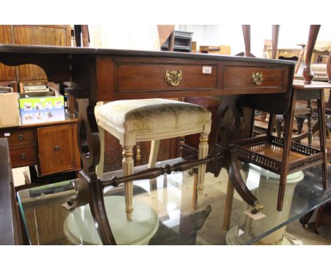 20th Century mahogany drop-leaf sofa table with two frieze drawers, raised on reeded splay supports with brass caps and caste