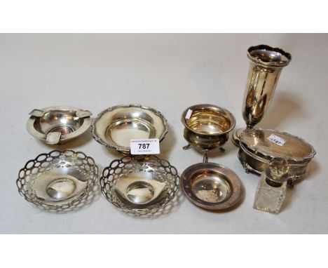 Four various silver trinket dishes, silver mounted coin ashtray, sugar basin, vase, trinket box and a silver mounted glass bo