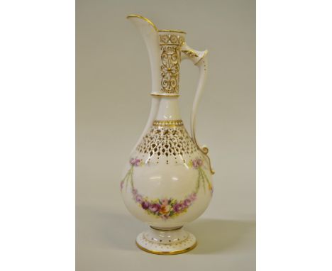 George Owen and E. Phillips for Royal Worcester, small reticulated floral painted and gilded ewer, puce mark, signed G. Owen 