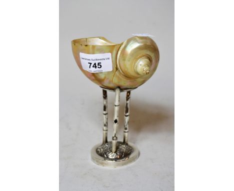 Chinese silver stand in the form of bamboo mounted with a shell (shell restored) bearing hallmarks for maker Wang Hing 