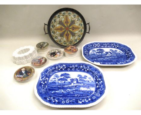 Pair of Copeland Spode blue and white Tower pattern decorated meat plates, five various Prattware pot lids (two with bases), 