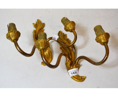 Pair of 20th Century gilt brass two branch light fittings 