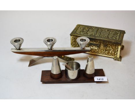 Mid 20th Century Danish stainless steel and hardwood condiment set attributed to Lundtoffe, together with a similar three lig