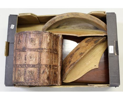 Metal bound dome top trunk, two carved wooden wall mounting troughs and a mahogany cutlery box 