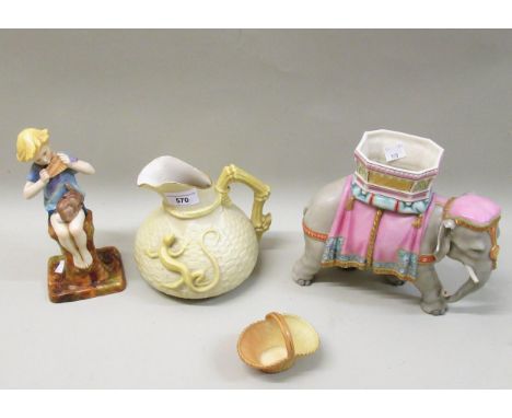 Four early Royal Worcester items an elephant, a jug, seated figure and a small basket (some cracks) 