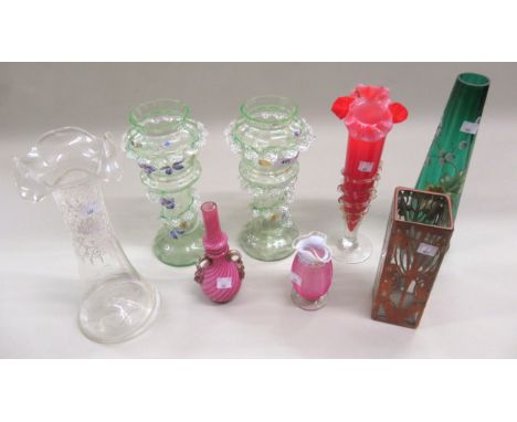 Pair of late Victorian floral decorated glass vases, 27cms high, together with six other various art glass vases 