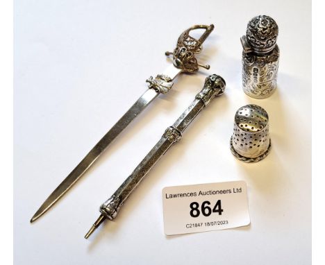 Miniature silver perfume bottle, silver thimble, a letter opener in the form of a sword and a propelling pencil 