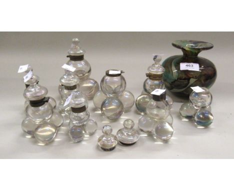 Group of nine various glass ball form inkwells, the tallest 13cms, one lid lacking, together with an Mdina art glass vase 