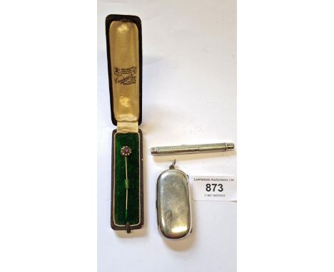 Samson Mordan silver propelling pencil, Birmingham silver sovereign case (button at fault), and a boxed Victorian stickpin 