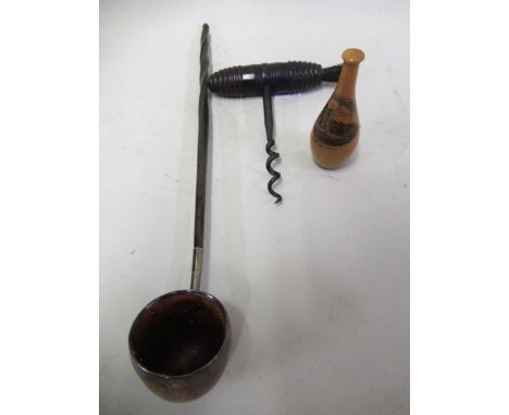 19th Century burr wood whale bone and white metal mounted toddy ladle, together with a Mauchline ware bottle shaped bobbin ho