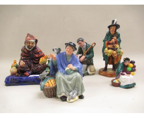 Royal Doulton figures, ' The Potter ' HN1493, ' The Mask Seller ' HN2103, ' The Master ', ' Tuppence a Bag ' and a miniature 