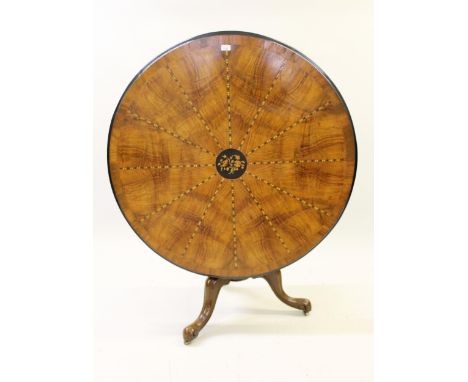 Unusual Victorian figured walnut parquetry, marquetry and line inlaid centre table, the circular tilt top with segmented deco