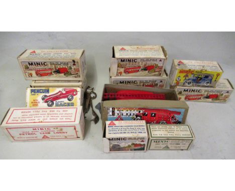 Collection of ten Minic model vehicles in original boxes, including fire engine, tractor, steam engine, telephone car, traffi
