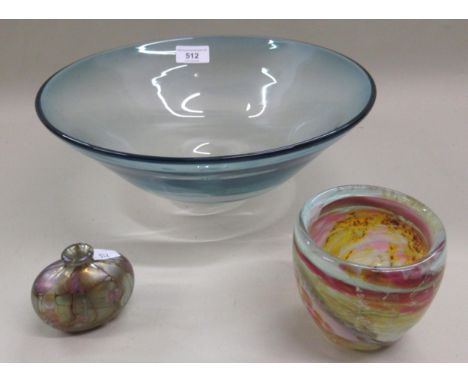 Large Art Glass blue tinted bowl, signed Von Drake 1988, another smaller glass bowl, signed Siddy Langley and a small lustre 