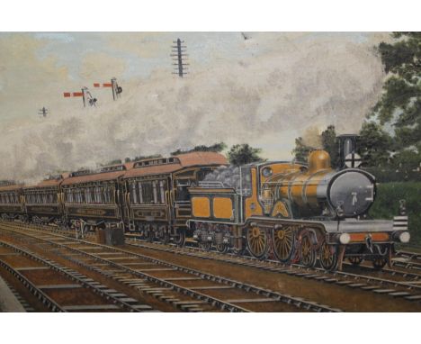20th Century oil on canvas, the Trevithick passenger steam engine pulling Pullman coaches, signed W. Richardson, in gilt slip