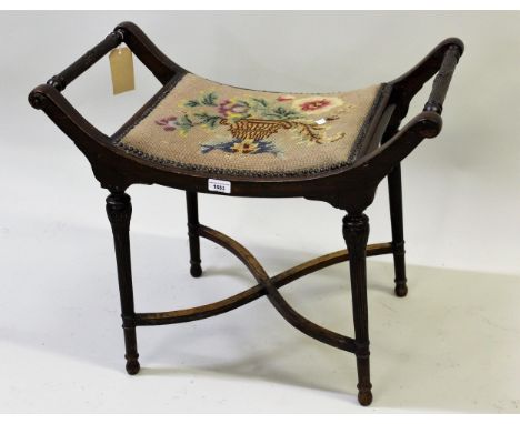 Edwardian mahogany dressing table stool with needlepoint seat and crossover stretcher, together with an Edwardian beech and i