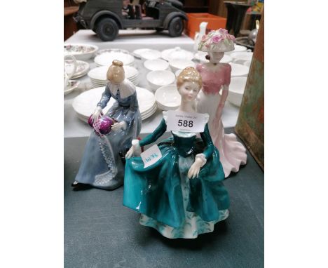 THREE CERAMIC LADY FIGURES - COALPORT AND TWO ROYAL DOULTON EXAMPLES, ONE A/F 