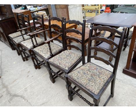 FOUR LADDER BACK OAK DINING CHAIRS AND TWO CARVERS 