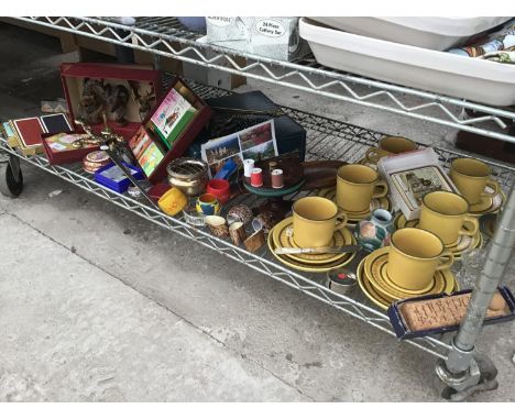VARIOUS ITEMS TO INCLUDE WOODEN COTTON BOBBIN HOLDER, MATS, RETRO CUPS AND SAUCERS, PLAYING CARDS AND GAMES, SWORD LETTER OPE