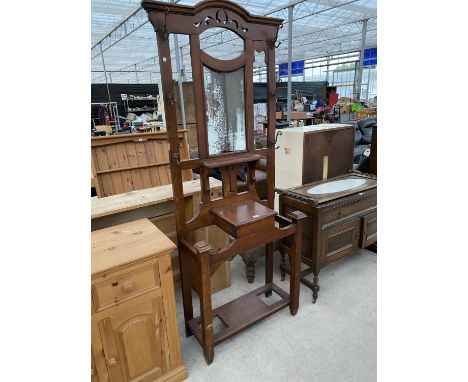 A MAHOGANY HALL STAND WITH GLOVE BOX AND LOWER SHELF (FOR RESTORATION) 