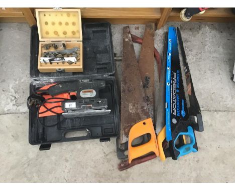 A CASED CHALLENGE SANDER, BOXED CUTTER BITS AND SAWS ETC IN WORKING ORDER 