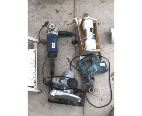 FOUR POWER TOOLS TO INCLUDE A MAKITA DRILL, ANGLE GRINDER, ELECTRIC CIRCULAR SAW ETC SAW IN WORKING ORDER 