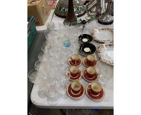 A LARGE COLLECTION OF ASSORTED DRINKING GLASSES, JAMES KENT CERAMIC CUPS AND SAUCERS ETC 