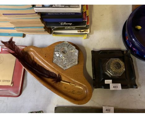 TWO VINTAGE INKWELLS TO INCLUDE OAK EXAMPLE 