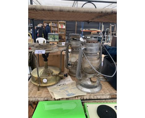 TWO VINTAGE ITEMS TO INCLUDE TWO STORM LANTERNS AND 'THE PARASENE' PRESSURE STOVE WITH DIRECTIONS FOR USE 
