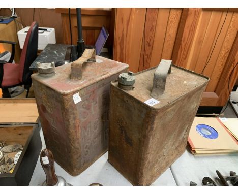 TWO VINTAGE PETROL CANS TO INCLUDE A W MARK AND A RARE SHELL EXAMPLE WITH A BRASS SHELL TOP 