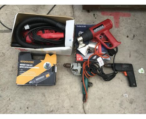 VARIOUS TOOLS TO INCLUDE A BOXED DIRT DEVIL HOOVER, PARKSIDE WALLPAPER STRIPPER, ROTARY TOOL KIT, DRILLS ETC IN WORKING ORDER