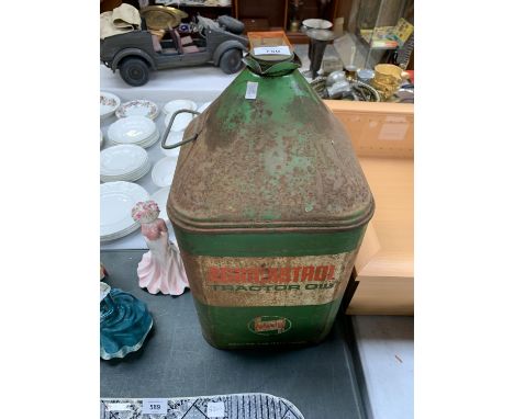 A LARGE VINTAGE METAL AGRICASTROL TRACTOR OIL CAN 