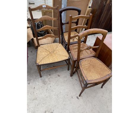 AN OAK LADDER BACK FARMHOUSE CHAIR WITH RUSH SEAT AND THREE MAHOGANY BEDROOM CHAIRS WITH RATTAN SEATS 