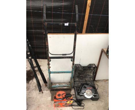 A CASED SKILSAW RIP SAW, A BLACK AND DECKER MOUSE SANDER BOTH IN WORKING ORDER, AND A METAL SACK TRUCK 