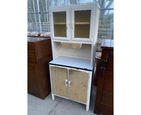 A VINTAGE KITCHEN CABINET WITH TWO LOWER DOORS, TWO UPPER DOORS AND ENAMEL WORK SURFACE 