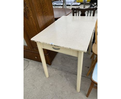 A VINTAGE PAINTED KITCHEN TABLE WITH FORMICA TOP AND ONE DRAWER 