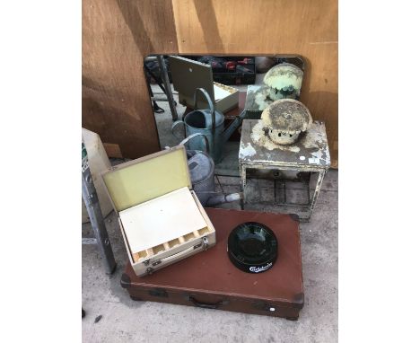 VARIOUS ITEMS TO INCLUDE A LAMP TOP (NO GLASS), A MIRROR, VINTAGE SUIT CASE, GALVANISED WATERING CAN ETC 