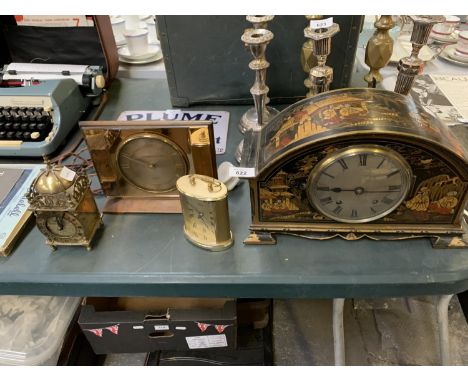 A MIXED LOT OF CLOCKS - ORIENTAL LACQUERED EXAMPLE, SMITHS LANTERN CLOCK ETC 