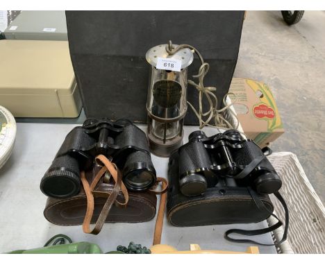 TWO VINTAGE PAIRS OF CASED BINOCULARS AND A MINERS LAMP 