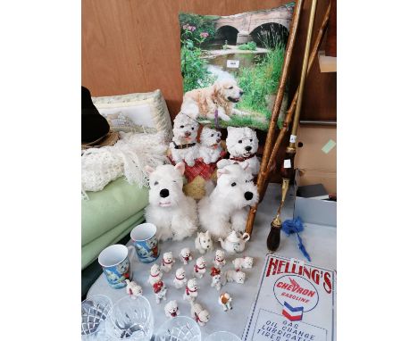 A GROUP OF SCOTTIE DOG ITEMS, FIGURES, CUSHION, MINIATURES CERAMIC EXAMPLES ETC 