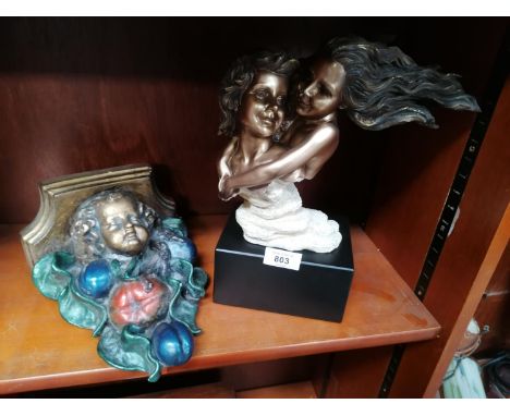 TWO ITEMS - CHERUB WALL SHELF AND AN ABSTRACT LOVERS FIGURE 