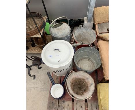 THREE VINTAGE BUCKETS AND A GALVANISED WATERING CAN ETC 